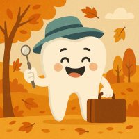 Fröhlicher, lachender Zahn mit Hut, Koffer und Zahnspiegel steht in einer herbstlichen Landschaft mit bunten Blättern – Symbol für den Herbsturlaub einer Zahnarztpraxis.